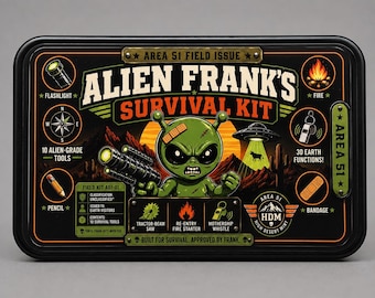 May include: A rectangular black metal tin labelled Alien Frank's Survival Kit. The lid features a green alien illustration, a UFO, and text including Area 51 Field Issue, 10 Alien-Grade Tools, and 30 Earth Functions. Graphics include a flashlight, fire, compass, pencil, whistle, and bandage.