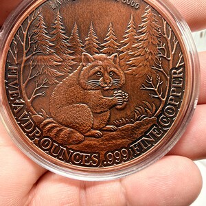 May include: A round copper coin featuring a relief of a raccoon holding a pinecone in a forest setting. The text reads LIMITED MINTAGE 5000, FIVE AVD P OUNCES, and .999 FINE COPPER. The coin is encased in a clear protective plastic capsule.