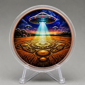 5 oz .999 fine copper round featuring a colorful UFO hovering over an intricate crop circle with glowing tractor beam artwork.