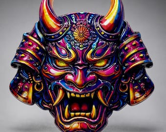 May include: A vibrant, multi-colored Hannya mask featuring a glossy finish with shades of purple, blue, pink, and yellow. The mask displays sharp horns, glowing yellow eyes, and bared fangs, with a detailed floral emblem centered on the forehead.