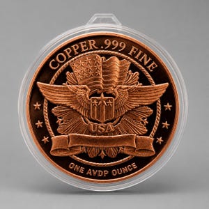 Reverse of a 1 oz .999 fine copper round showing an eagle crest holding a banner, with "COPPER .999 FINE" around the top edge and "ONE AVDP OUNCE" around the bottom edge, in a clear protective capsule.