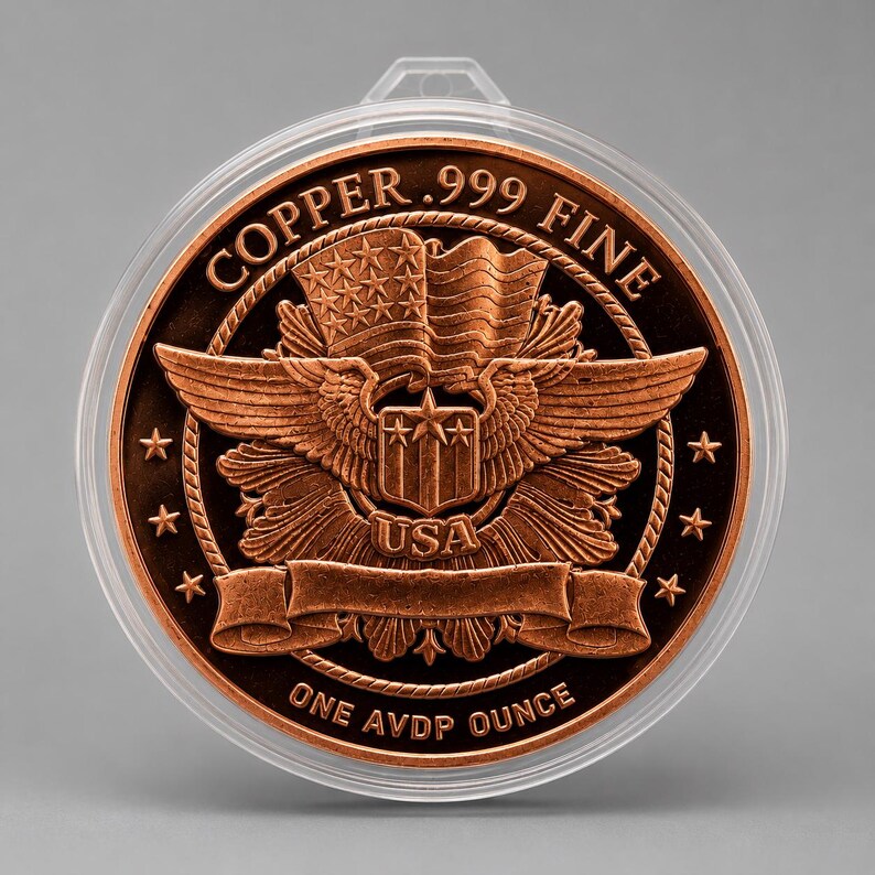 Reverse of a 1 oz .999 fine copper round showing an eagle crest holding a banner, with "COPPER .999 FINE" around the top edge and "ONE AVDP OUNCE" around the bottom edge, in a clear protective capsule.
