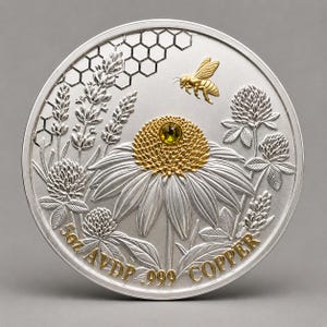 Studio product shot of the reverse side of the Harmony Bee copper round, out of its capsule, showing a gold bee over honeycomb, clover, and coneflower engraving with rim text reading 5oz AVDP .999 COPPER.