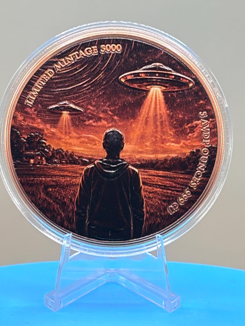 Large 5-ounce colorized copper round showcasing flying saucers above a detailed crop circle under a dramatic night sky.