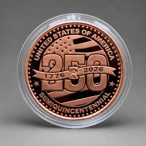 250th Anniversary 1776 to 2026 copper round displayed in protective capsule on gray background
