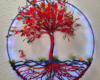 Rainbow Brite Wire Tree of Life Wreath, Fairy Lights, Boho Wall Hanging Art