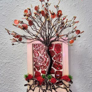 14" x 10" Deep Red and Orange Tile Wire Tree of Life Wall Hanging