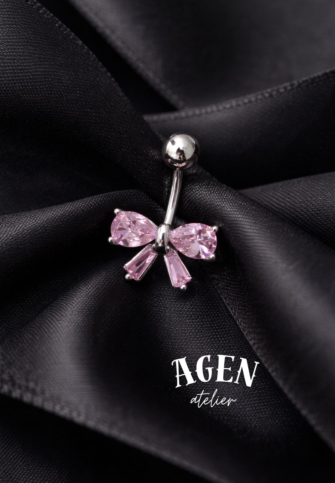 14G Pink Bow Belly Ring, Coquette Ribbon Navel Piercing,cute Crystal ...