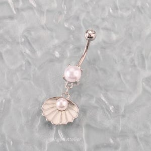 Pearl Seashell Dangle Belly Button Ring – 316L Stainless Steel Navel Piercing Jewelry • Dainty Beach Belly Ring •  Gift for Her