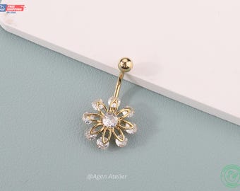 Gold Flower Belly Button Ring: Cubic Zirconia 316L Steel Navel Piercing