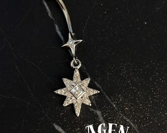 Anneau de ventre étoile du nord en argent 14G, piercing au nombril Polaris en acier inoxydable, bijoux célestes scintillants CZ Starburst, cadeau pour elle