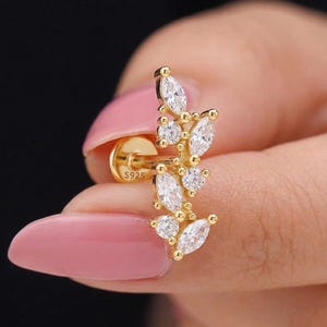14K Gold CZ Cluster Stud, Internally Threaded Flat Back Earring, Marquise Leaf Cartilage Piercing, Helix Conch Labret, Gift For Her