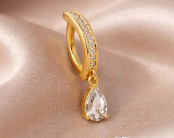 Piercing para ombligo de oro de 14 g con cierre de clic, piercing para ombligo invertido, de acero quirúrgico, con circonita cúbica en forma de lágrima, regalo minimalista.