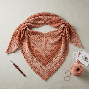 Peut inclure: Un châle au crochet fait main, de couleur pêche, avec un bord festonné. Le châle présente un effet dégradé, passant du pêche clair à une teinte orange plus foncée. Un crochet, du fil et des cartes sont également visibles.