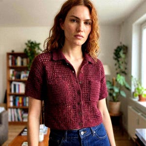May include: A burgundy crochet shirt with short sleeves, a collar, and a single pocket. The shirt has brown buttons and is paired with blue jeans. The crochet pattern is visible, and the shirt appears to be handmade.