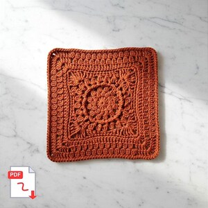 May include: A square, rust-colored crochet piece with a detailed floral center and textured border. The handmade item is displayed on a white marble surface, showcasing the intricate stitch work and warm color.