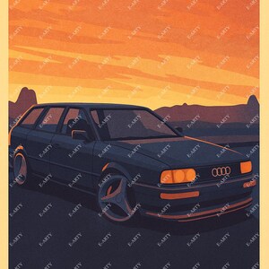 Puede incluir: Ilustración de un coche azul oscuro con faros y llantas naranjas, sobre un fondo de puesta de sol. El coche tiene un diseño distintivo, con el texto "E-ARTY" repetido.