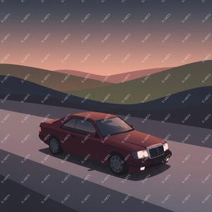 Puede incluir: Ilustración de un cupé granate conduciendo por una carretera, con un telón de fondo de colinas onduladas bajo un cielo de atardecer. El coche tiene un diseño clásico. El fondo está lleno del texto "E-ARTY".