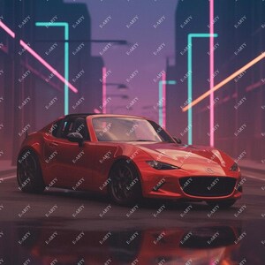 Peut inclure: Une voiture de sport rouge est au centre de cette œuvre d'art numérique. La voiture est garée sur une rue mouillée, reflétant les néons de la ville. L'arrière-plan présente un paysage urbain avec des néons et le texte "E-ARTY".