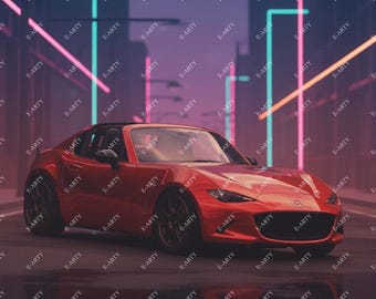 May include: A red sports car is the focal point of this digital art piece. The car is parked on a wet street, reflecting the neon lights of the city. The background features a cityscape with neon lights and the text "E-ARTY".