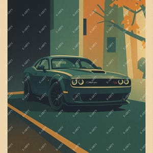 Peut inclure: Illustration d'une voiture Dodge Challenger vert foncé garée dans une rue. La voiture a des roues noires et une bande jaune. L'arrière-plan présente des bâtiments et des arbres aux feuilles orange.