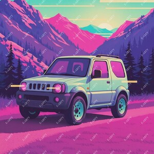 May include: A digital illustration of a light blue SUV driving on a pink and purple road with a mountain range in the background. The sky transitions from teal to pink, creating a vibrant landscape.