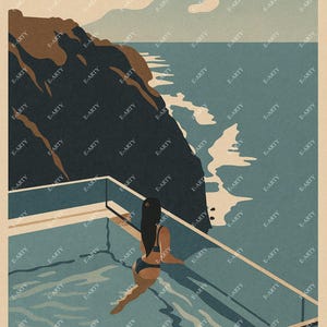 May include: Illustration of a woman in a blue swimsuit in a pool, with a coastal landscape in the background. The artwork features a dark blue cliff, ocean, and sky with clouds. The style is reminiscent of vintage travel posters.