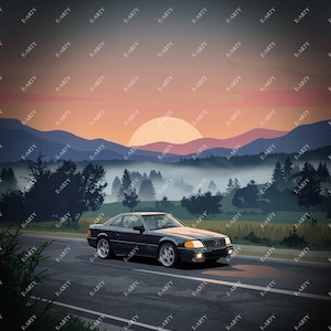 May include: Digital art print of a black coupe driving on a road at sunset. The car is the focal point, with the sun setting behind mountains in the background. The sky transitions from orange to dark blue.
