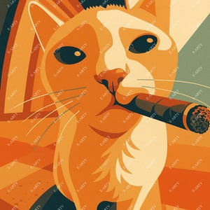 Peut inclure: Illustration stylisée d'un chat roux et blanc fumant un cigare. Le chat a de grands yeux noirs et de longues moustaches. L'arrière-plan est composé d'orange, de marron et de bleu sarcelle.