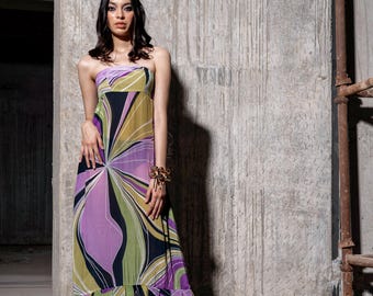 Vestido largo sin tirantes para mujer / Vestido con estampado geométrico abstracto / Conjunto de vacaciones para resorts / Vestido de fiesta de verano