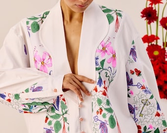 Floral Handprinted Cotton Co-ord Set | Cropped Jacket & Midi Skirt