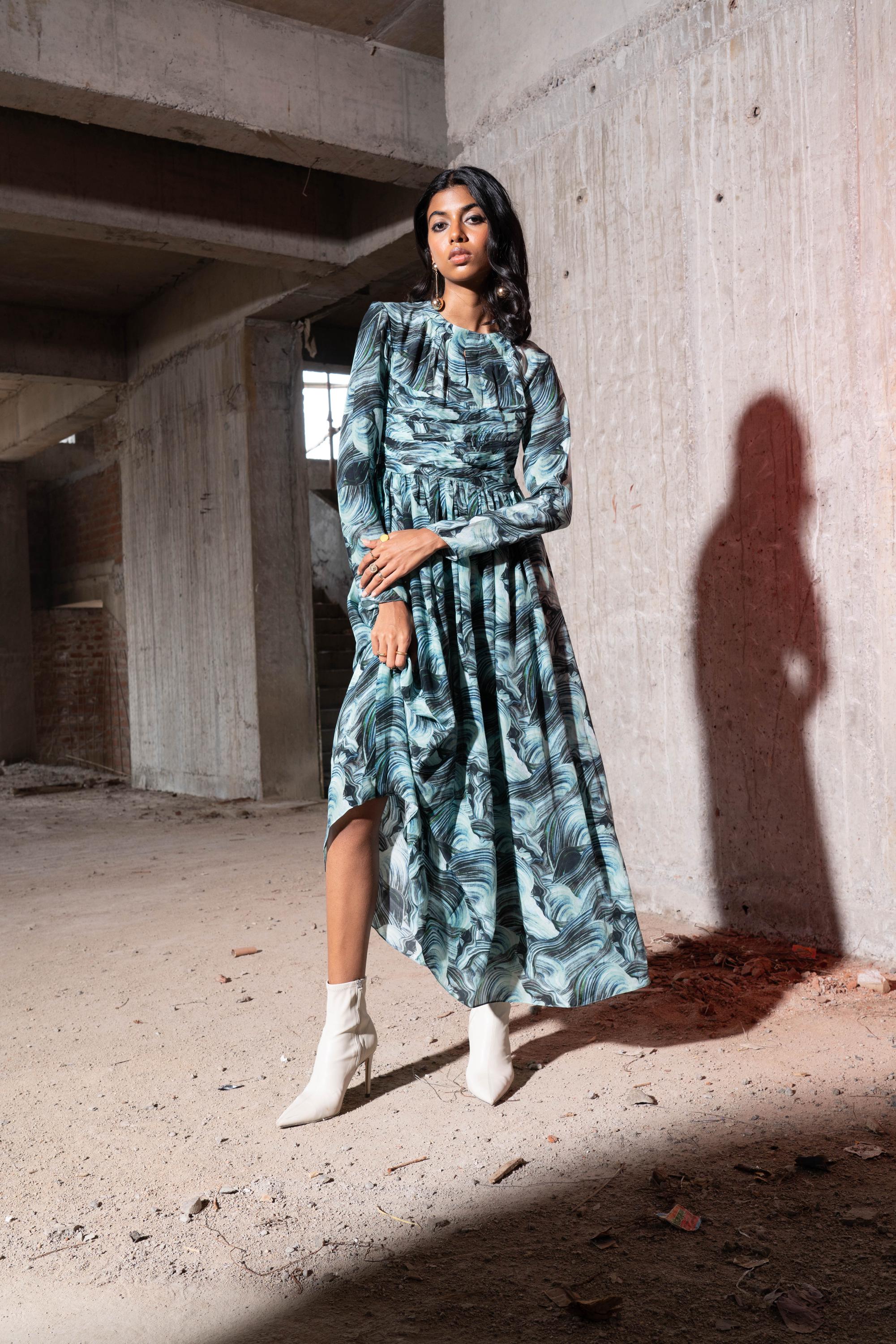 marble print long sleeve dress Long Sleeve Second Skin Marble Maxi Dress