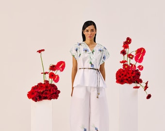 Printed Cotton Peplum Top & Wide Leg Pants Co-Ord Set for Women , Shipping worldwide.
