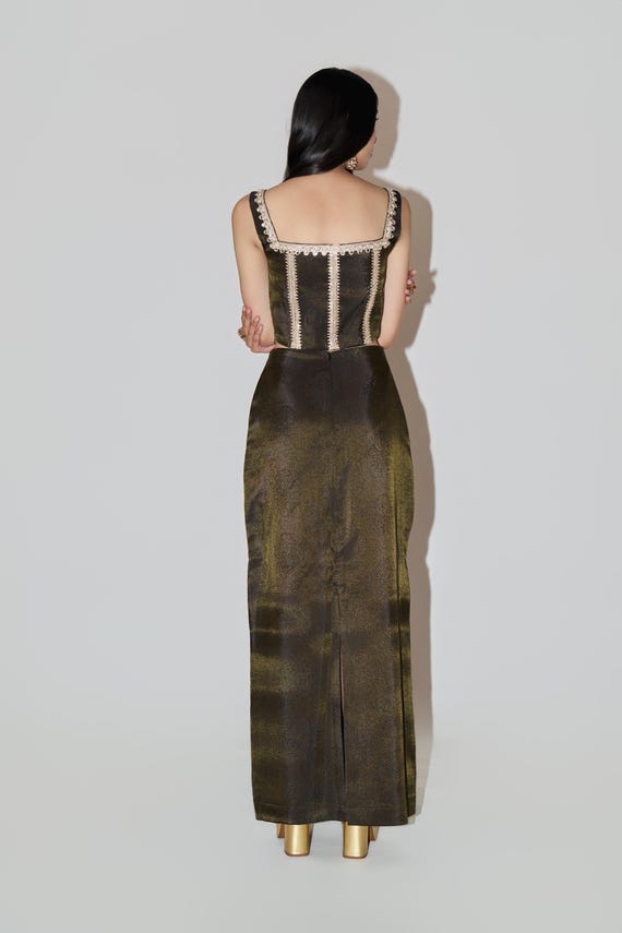 indo western corset dress Midnight Black Indo-Western Mermaid Gown with Sequin Corset & Draped Cape Sleeves 42