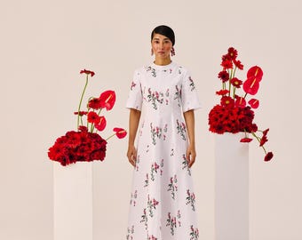 White Floral Printed Linen Midi Dress