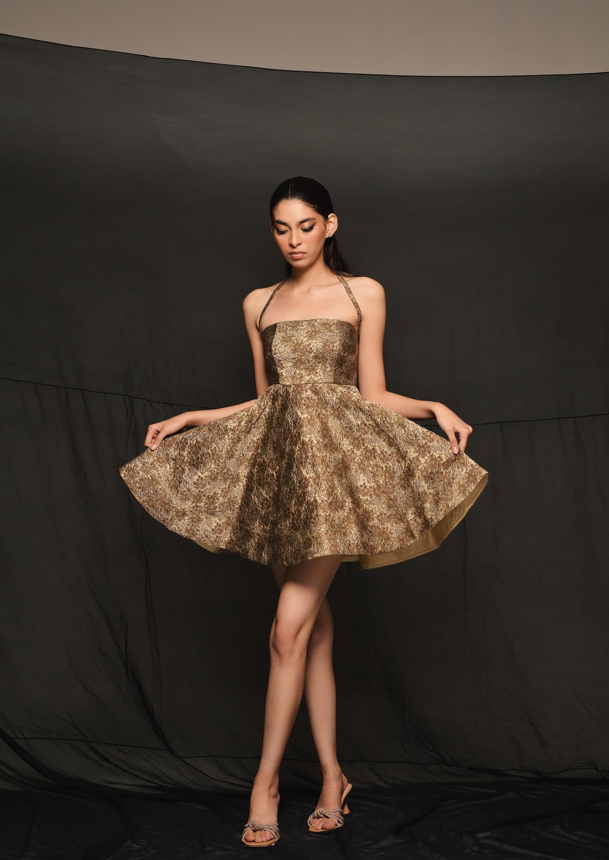 gold shoes with coral dress Golden Hour Glow Metallic Halter Mini Dress main image 1