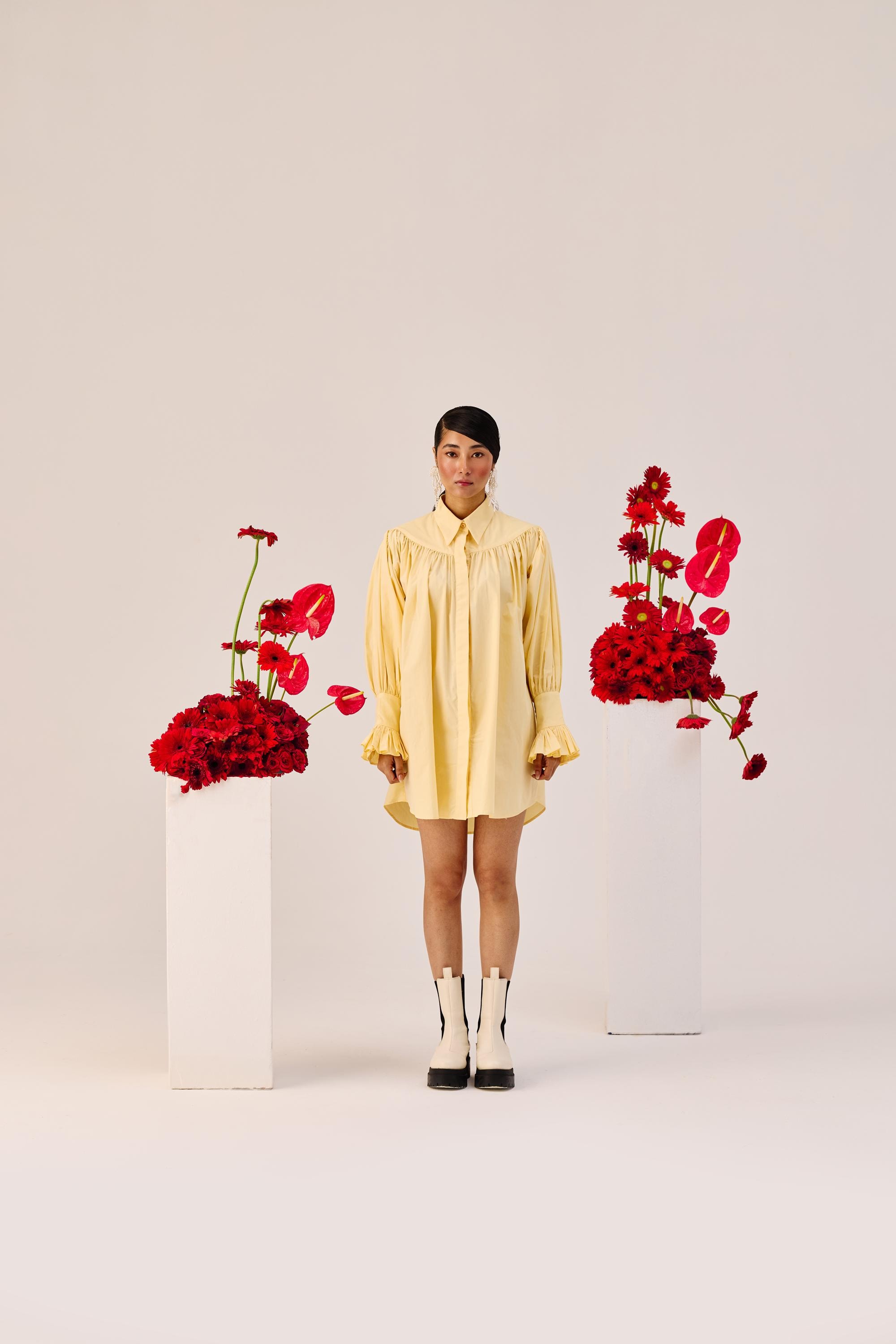 Cotton Mini Shirt Dress, Yellow Long Sleeve, Relaxed Fit