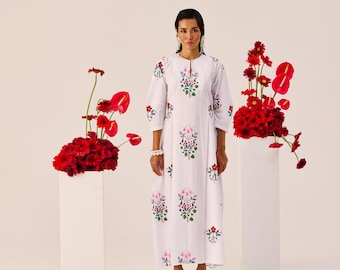 White Printed Handmade Cotton Maxi Dress