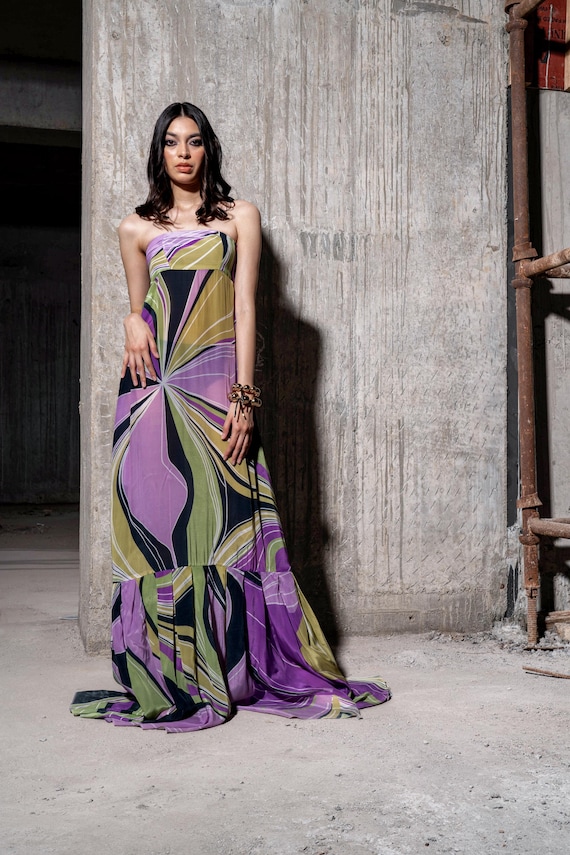abstract printed maxi dress Abstract Print Maxi Dress with Long Sleeves
