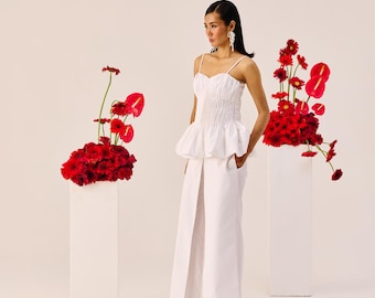 White Cotton Peplum Top & Straight Pants Co-ord Set for Women