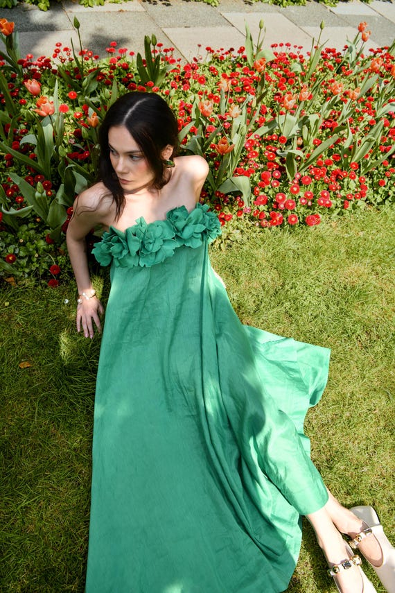 green strapless wedding guest dress Be Your All Vintage Olive Green Midi Dress – Shop the Mint main image 0