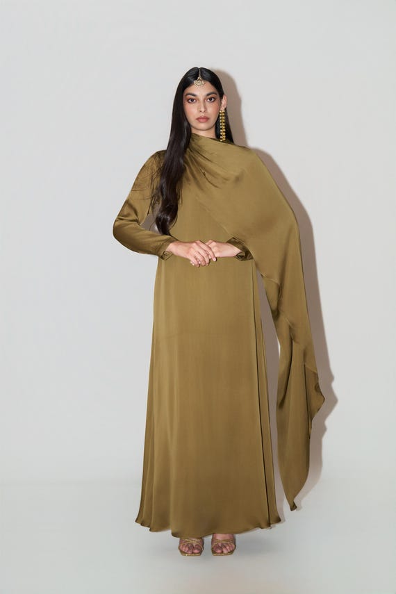 satin cape dress set Olive Gold Satin Cape Dress | Indo Western Maxi