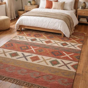 Può includere: Un tappeto rettangolare caratterizzato da un motivo a strisce orizzontali nei toni del terracotta, crema, verde oliva e antracite. Il design include forme geometriche a rombo, linee incrociate e fasce ondulate, rifinito con frange.