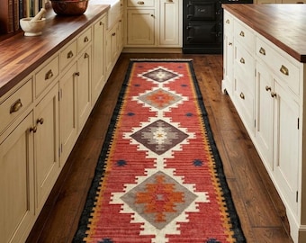 Handwoven Wool Jute Kilim Runner, Vintage Tribal Boho Flat Weave Rug