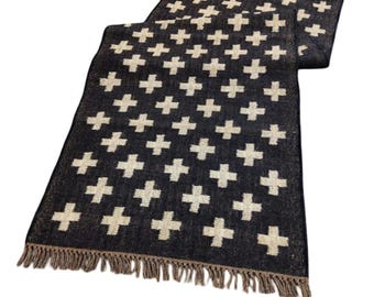 Handwoven Wool Jute Rug | Black & White Plus Sign Kilim Runner