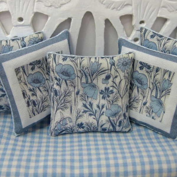 Dollshouse Miniature Cushions, Pillows. Set of Five Blue and White Poppies
