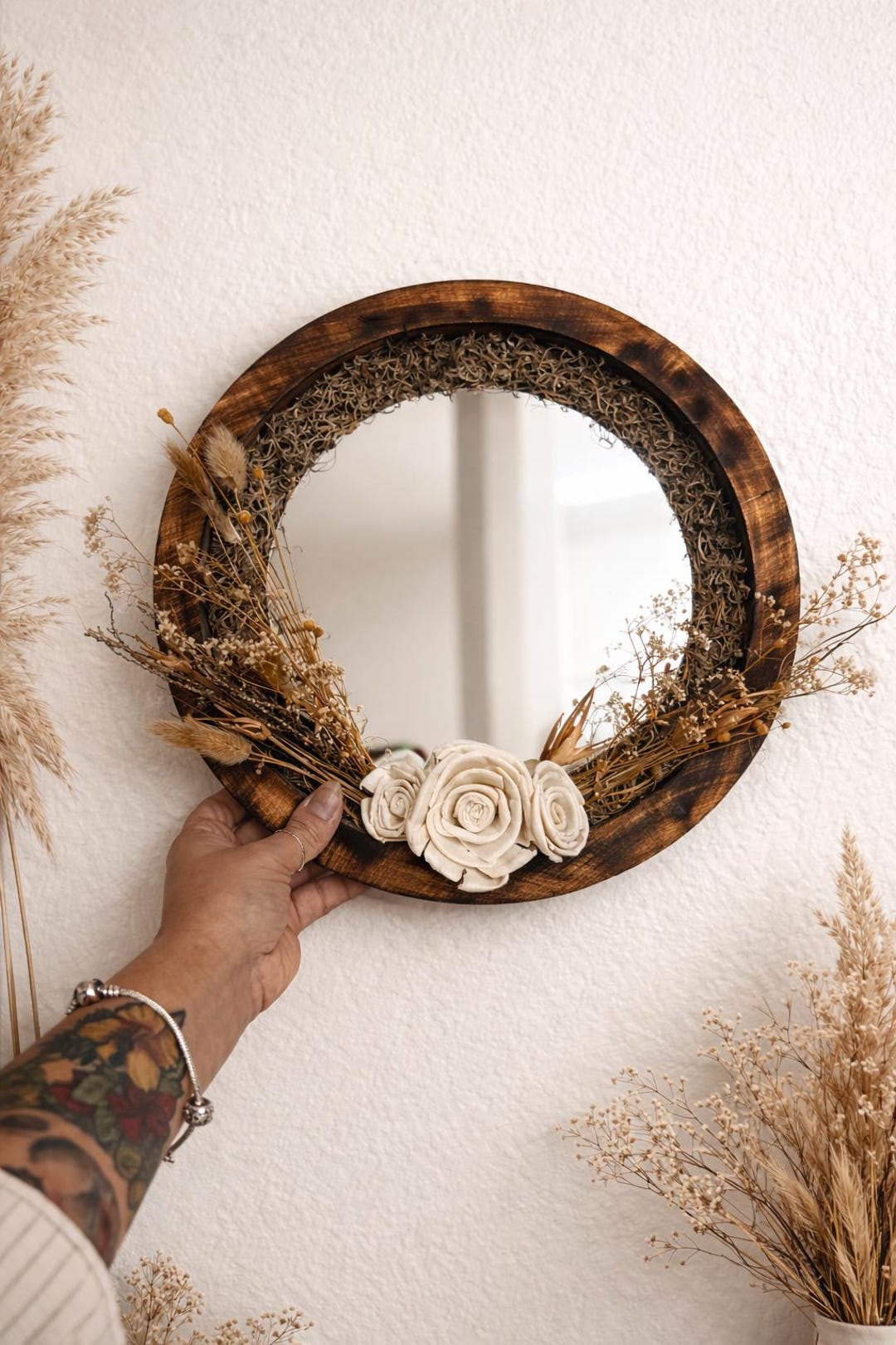 Boho Burned Wood Round Mirror, Rustic Floral Wall Decor, Handmade ...