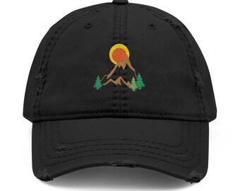 Embroidered Distressed Dad Hat | Mountain & Pine Tree Design with Sun | Outdoor Adventure Baseball Cap