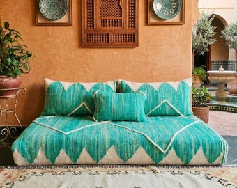 Ręcznie tkany marokański pokrowiec na sofę – turkusowy, kość słoniowa, wełniany fotel wypoczynkowy Boho