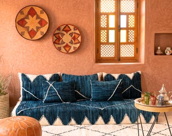 手織りモロッコ風フロアソファ ディープブルー ボヘミアン風シーティングセット - ウール製フロアソファカバー